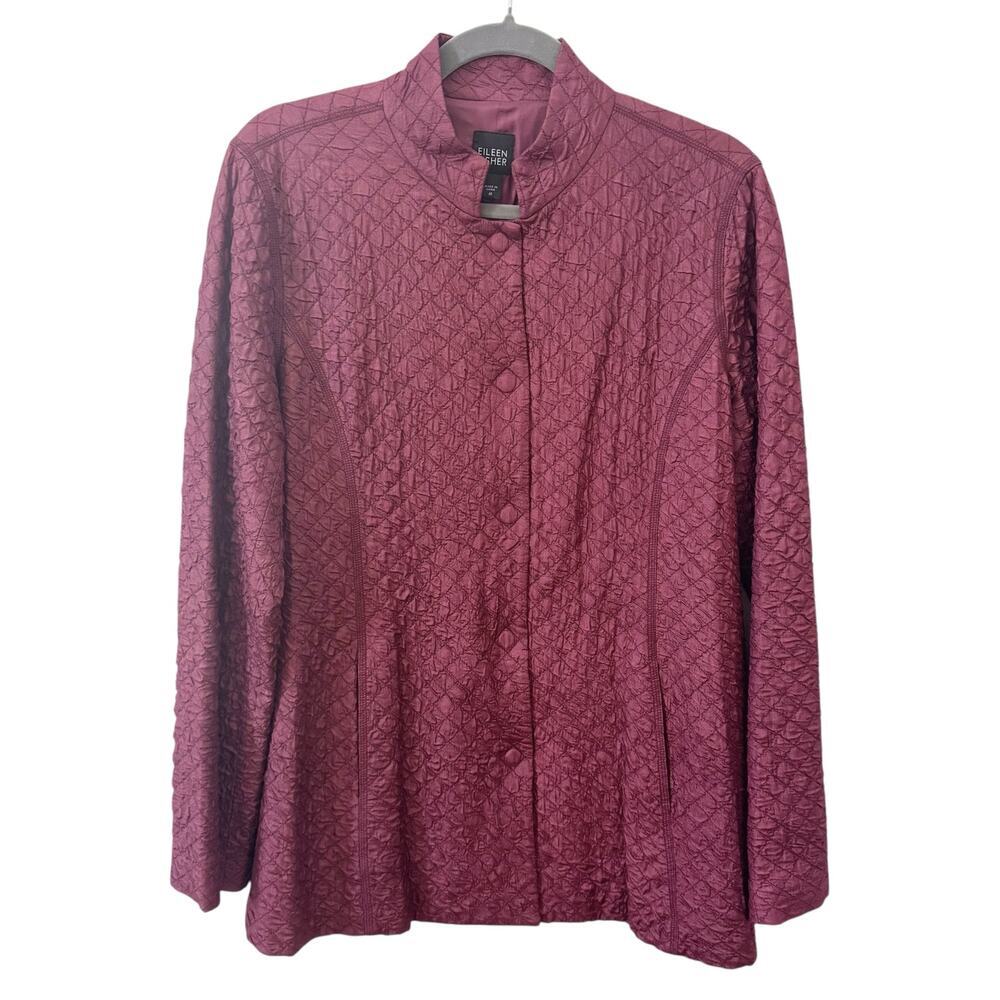 Eileen Fisher 100% Tussah Silk Textured Quilted Jacket Wine Purple Size M